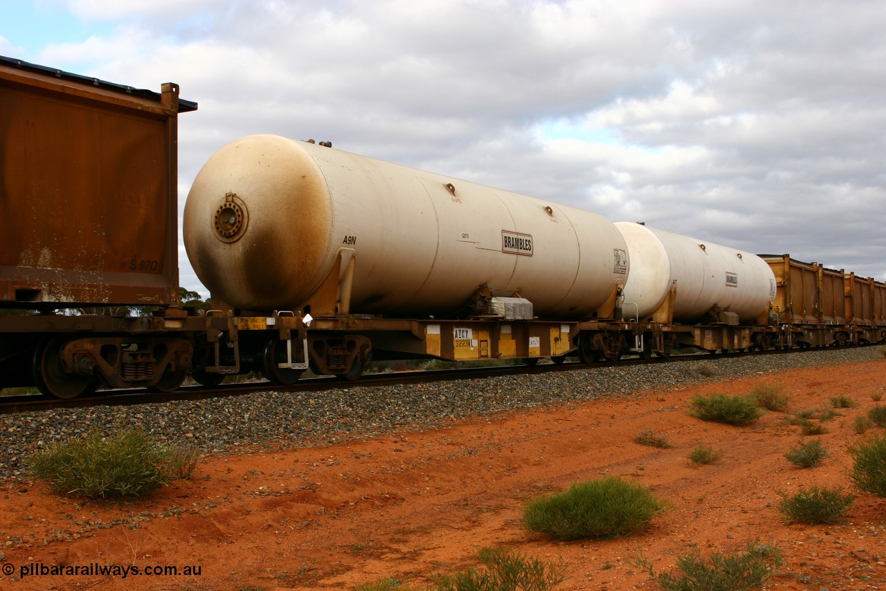 060527 4100
Scotia, AZKY type anhydrous ammonia tank waggons AZKY 32234 and AZKY 32240, two of twelve such waggons built by Goninan WA in 1998 as type WQK for Murrin Murrin traffic, fitted with Brambles anhydrous ammonia tanks A9N and A2T.
Keywords: AZKY-type;AZKY32234;Goninan-WA;WQK-type;