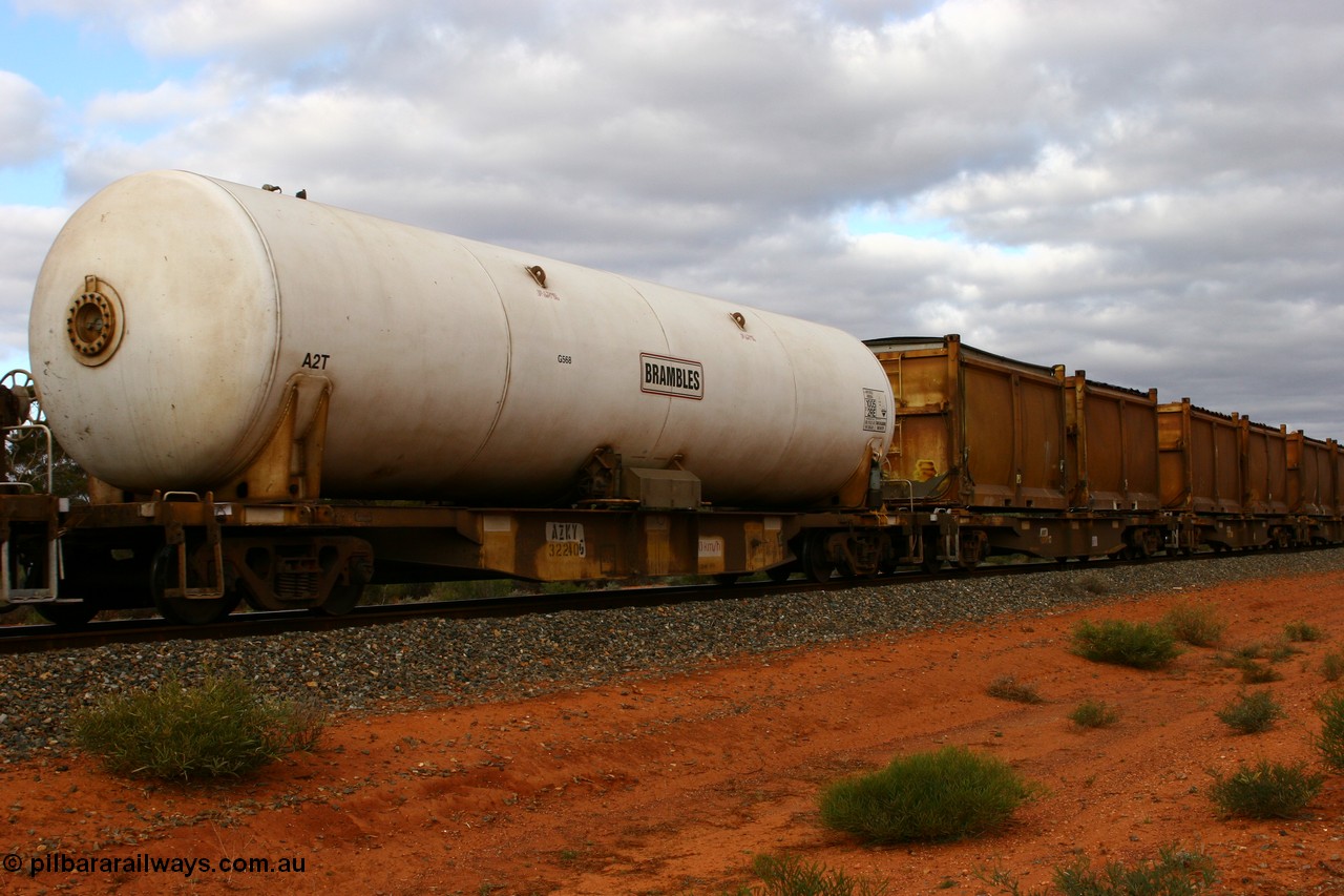 060527 4101
Scotia, AZKY type anhydrous ammonia tank waggon AZKY 32240, one of twelve built by Goninan WA in 1998 as type WQK for Murrin Murrin traffic, fitted with Brambles anhydrous ammonia tank A2T.
Keywords: AZKY-type;AZKY32240;Goninan-WA;WQK-type;