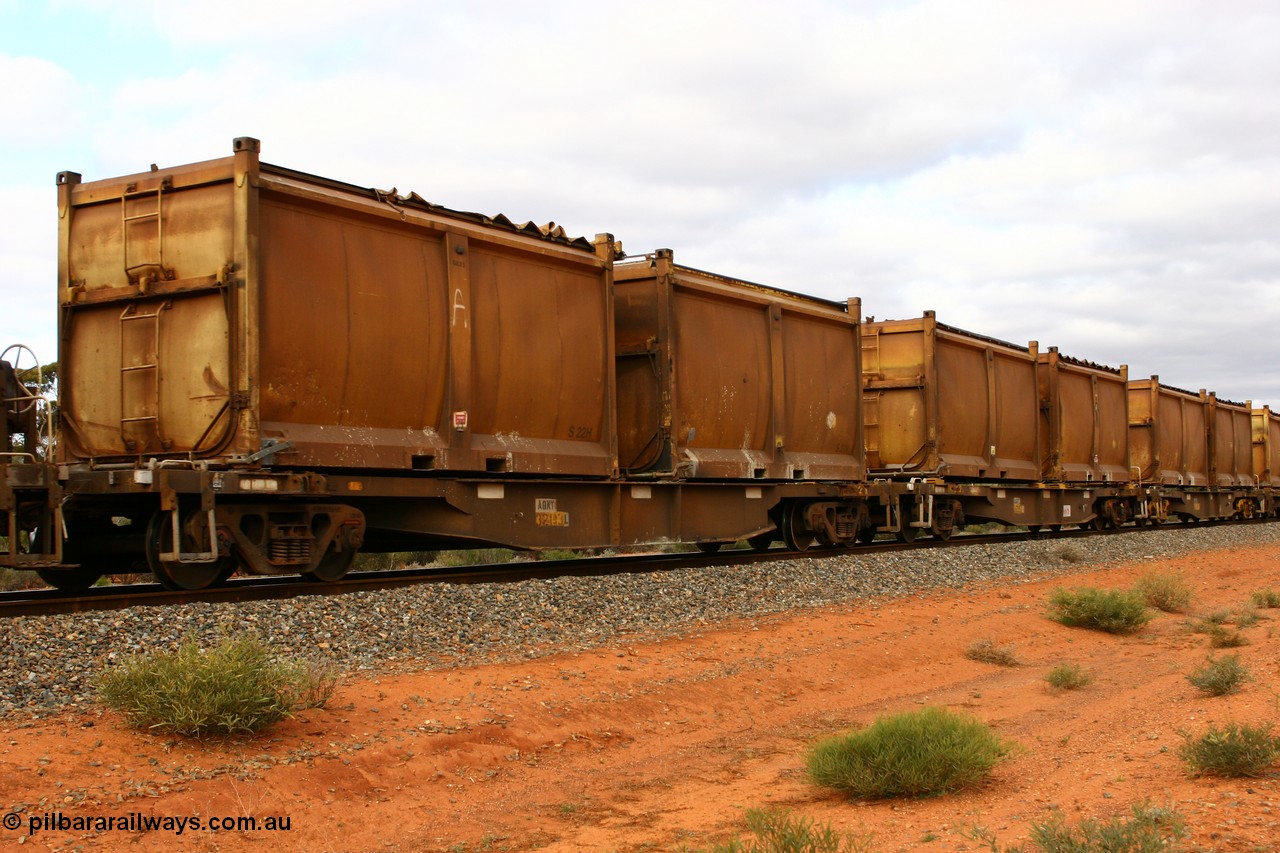 060527 4107
Scotia, AQNY 32193, one of sixty two waggons built by Goninan WA in 1998 as WQN type for Murrin Murrin container traffic, with sulphur skips S22H with original style door and sliding tarpaulin, and S21V with original door and modified top, train 6029 loaded Malcolm freighter.
Keywords: AQNY-type;AQNY32193;Goninan-WA;WQN-type;