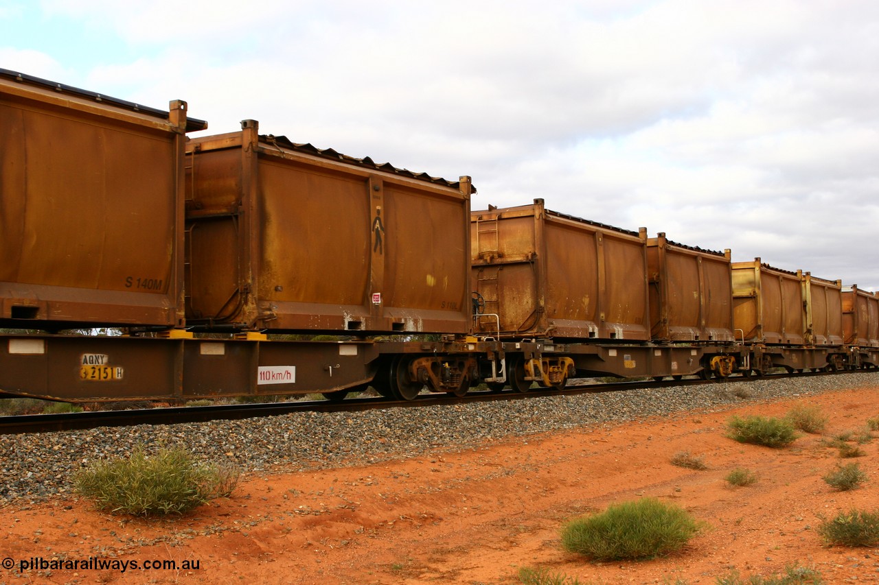 060527 4108
Scotia, AQNY 32151, type leader of sixty two waggons built by Goninan WA in 1998 as WQN type for Murrin Murrin container traffic, with sulphur skips S140M and S110L both with original style doors and sliding tarpaulins, S110L also has the 'Man' logo, train 6029 loaded Malcolm freighter.
Keywords: AQNY-type;AQNY32151;Goninan-WA;WQN-type;