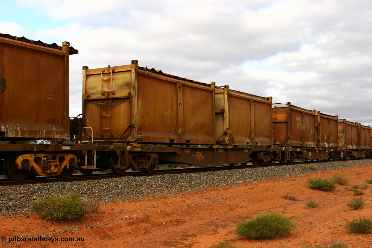 060527 4109
Scotia, AQNY 32169, one of sixty two waggons built by Goninan WA in 1998 as WQN type for Murrin Murrin container traffic, with sulphur skips S135D with original style door and sliding tarpaulin, and S124J with original door and modified roll top tarpaulin, train 6029 loaded Malcolm freighter.
Keywords: AQNY-type;AQNY32169;Goninan-WA;WQN-type;