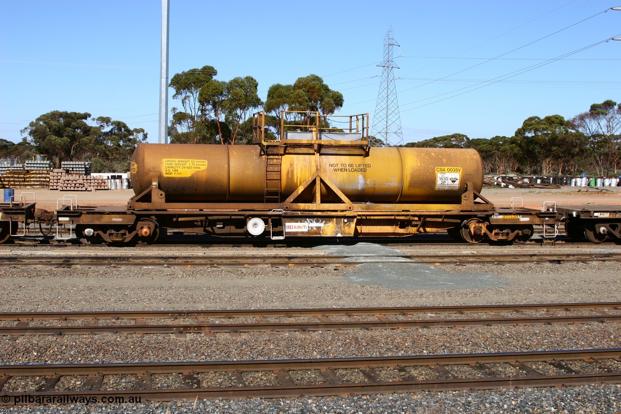 060528 4419
West Kalgoorlie, AQHY 30036 with sulphuric acid tank CSA 0035, originally built by the WAGR Midland Workshops in 1964/66 as a WF type flat waggon, then in 1997, following several recodes and modifications, was one of seventy five waggons converted to the WQH type to carry CSA sulphuric acid tanks between Hampton/Kalgoorlie and Perth/Kwinana.
Keywords: AQHY-type;AQHY30036;WAGR-Midland-WS;WF-type;WFP-type;WFDY-type;WFDF-type;RFDF-type;WQH-type;