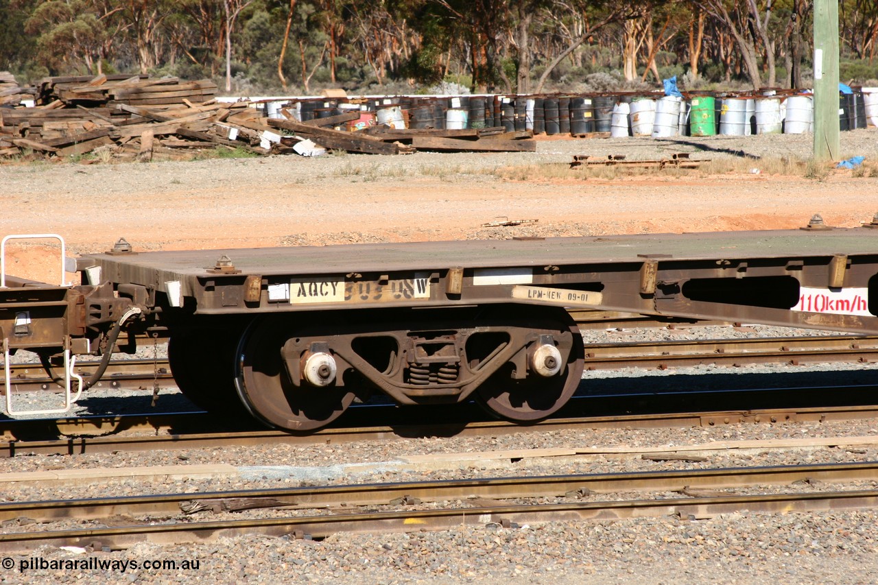 060528 4421
West Kalgoorlie, AQCY 30308 here in barrier waggon service on an acid consist, originally built by Tomlinson Steel in 1970 as one of 161 units built as WFX type container waggon. Re-coded to WQCX in 1980 then WQTY in 1996.
Keywords: AQCY-type;AQCY30308;Tomlinson-Steel-WA;WFX-type;WQCX-type;WQTY