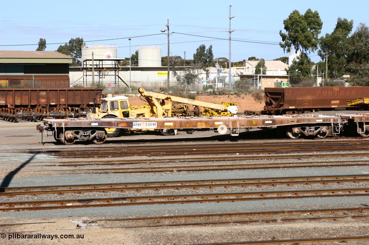 060528 4439
West Kalgoorlie, AFBF 33178 in kibble service, originally built by WAGR Midland Workshops in 1970 as WGX type open waggon, re-coded for gypsum traffic in 1980 at WGG type, then in 1987 converted to steel carrying traffic as WOSF type.
Keywords: AFBF-type;AFBF33178;WAGR-Midland-WS;WGX-type;WGG-type;WOSF-type;