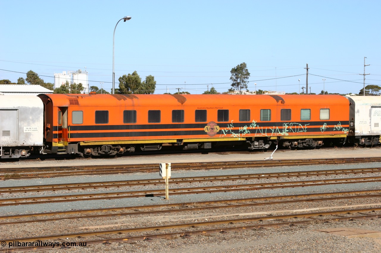 060528 4442
West Kalgoorlie, ECA 98 a former Commonwealth Railways ARF type first class air conditioned sleeper with rounded observation end built by Wegmann and delivered in 1956, converted to BB type with observation end removed in August 1972, converted to crew car in 1991.
Keywords: ECA-type;ECA98;Wegmann-Kessel;ARF-type;BB-type;