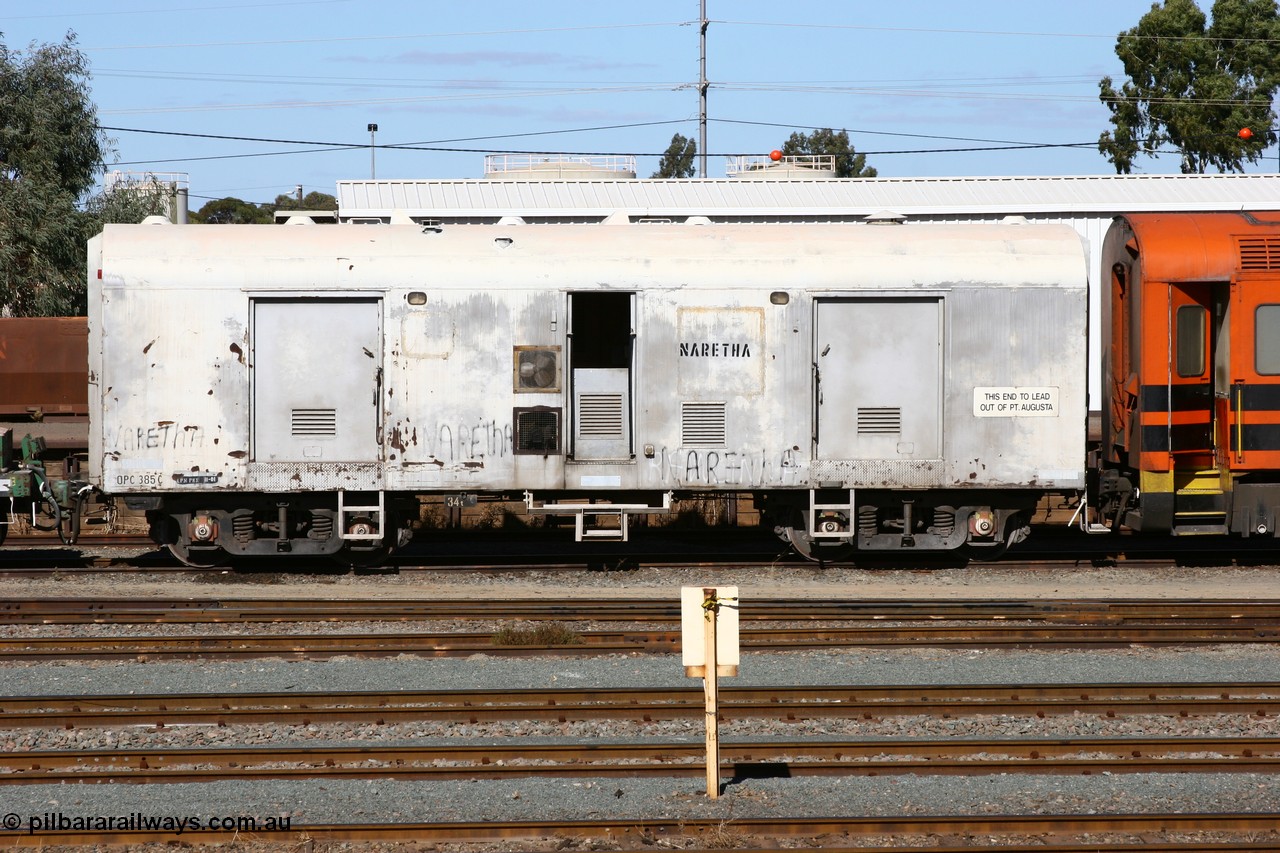 060528 4443
West Kalgoorlie, OPC 385, originally built by South Australian Railways Islington Workshops in 1968 as an 8300 class brake van numbered 8372 on broad gauge, to standard gauge and recoded in Sept 1982 to AVAY 385, converted to AZXP accident van in c1986 and then in April 1993 recoded to OPC.
Keywords: OPC-type;OPC385;SAR-Islington-WS;8300-type;8372;AVAY-type;AZXP-type;