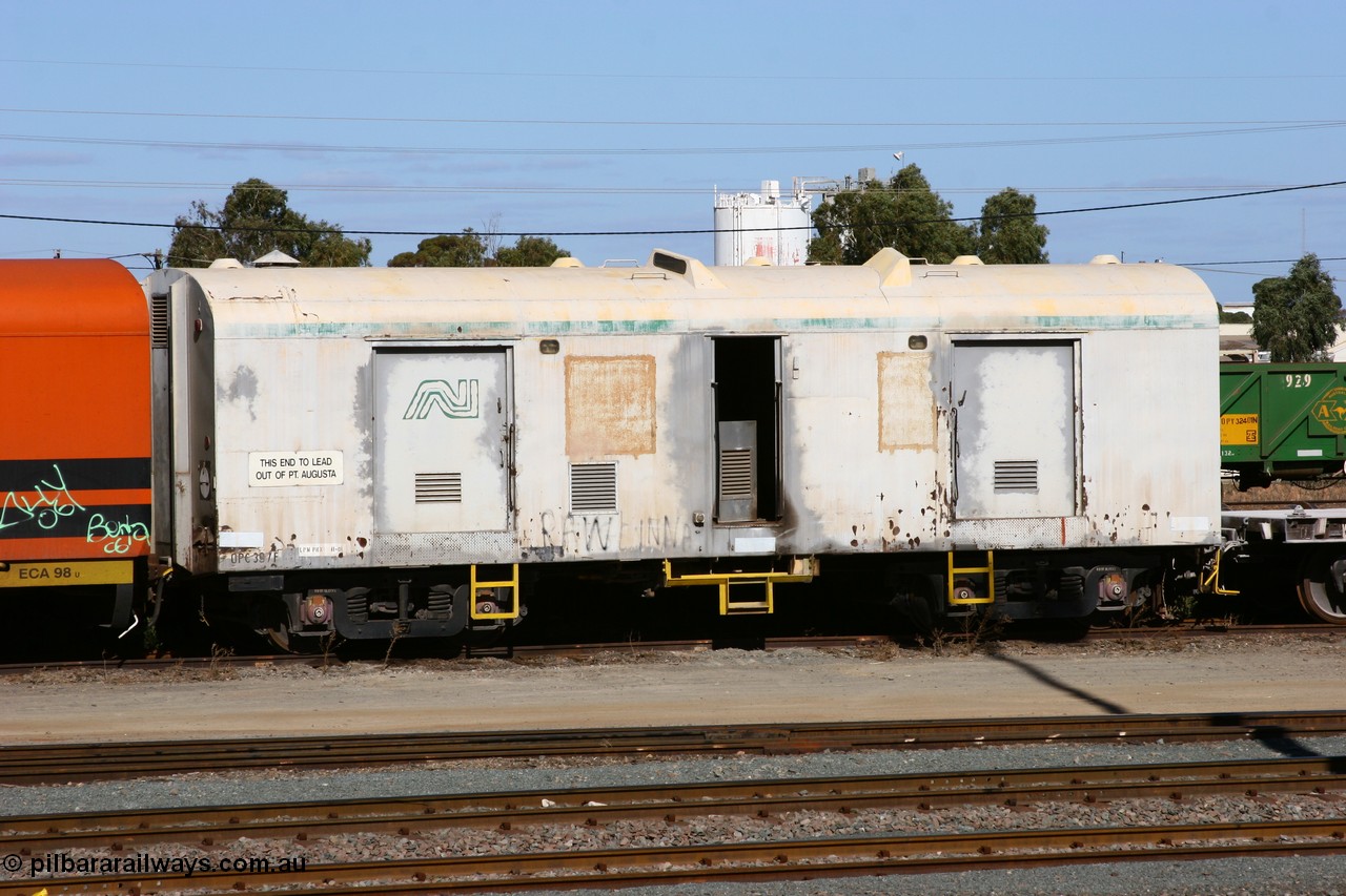 060528 4447
West Kalgoorlie, OPC 397, originally built by South Australian Railways Islington Workshops in 1963 as an 8300 class brake van numbered 8349 on broad gauge, recoded in 1982 to AVAY 50, to standard gauge in Feb 1983 as AVAY 397, converted to AZXP accident van in Feb 1986 and then in Feb 1993 recoded to OPC.
Keywords: OPC-type;OPC397;SAR-Islington-WS;8300-type;8349;AVAY-type;AVAY50;AZXP-type;