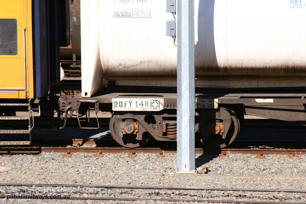 060528 4519
West Kalgoorlie, RQFY 14 number board detail, built by Victorian Railways Bendigo workshops in April 1978 in a batch of forty QMX type skeletal container waggons, in July 1980 re-coded to VQFX, in October 1994 re-coded to RQFX and 2CM bogies fitted.
Keywords: RQFY-type;RQFY14;Victorian-Railways-Bendigo-WS;QMX-type;VQFX-type;