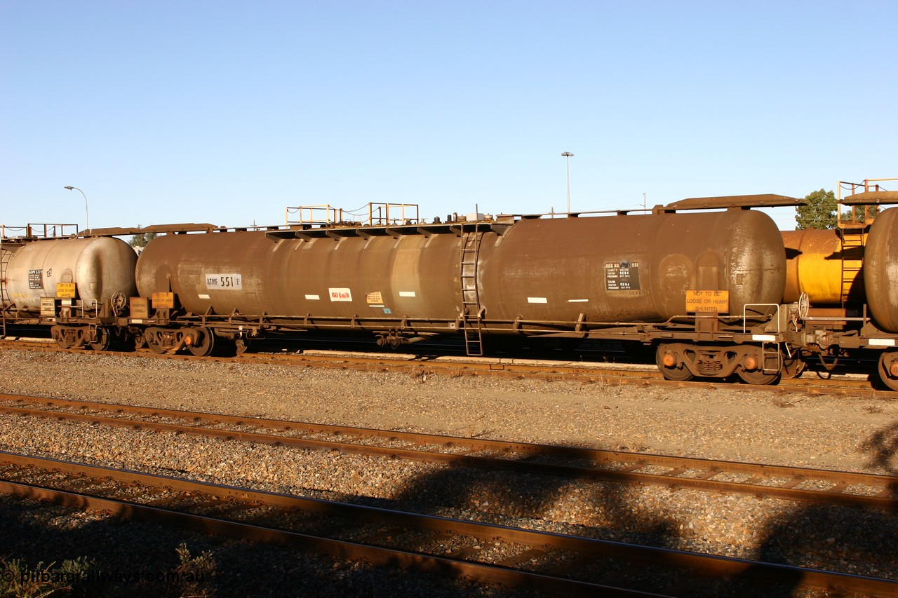 060528 4645 ATMF551E
West Kalgoorlie, ATMF 551 fuel tank waggon, one of three built by Tulloch Limited NSW as WJM type in 1971 with a capacity of 96,250 litres, one compartment, one dome, current capacity of 80,500 litres, fitted with type F InterLock couplers. WJM's 551 and 552 built for Shell and 553 built for BP Oil.
Keywords: ATMF-type;ATMF551;Tulloch-Ltd-NSW;WJM-type;