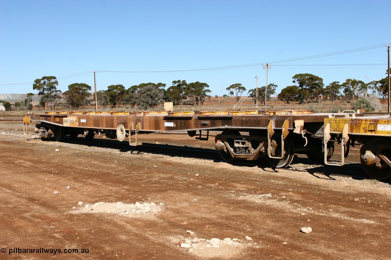 060530 4944
Parkeston, AFBF 33121 kibble flat waggon, built by WAGR Midland Workshops in 1969 in a batch of fifty eight WGX type open waggons without end doors, in 1975 to WGN for nickel traffic, back to WGX in 1976, to WOAX, then in 1987 to WOSF for steel traffic, then further cut down to for kibble traffic as seen here.
Keywords: AFBF-type;AFBF33121;WAGR-Midland-WS;WGX-type;WGN-type;WOAX-type;WOSF-type;