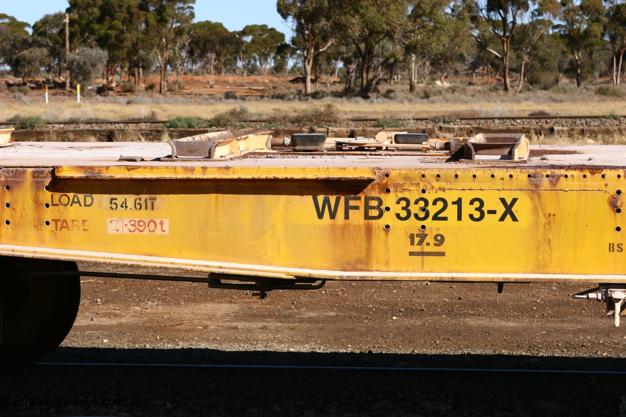 060530 4946
Parkeston, WFB 33213 kibble flat waggon built by WAGR Midland Workshops in 1973 in a final batch of twenty five WGX type open waggons without end doors, in c1975 recoded to WOAX, in 1981 to WGG for gypsum traffic, then in 1987 to WOSF for steel traffic, then further cut down to for kibble traffic as seen here.
Keywords: WFB-type;WFB33213;WAGR-Midland-WS;WGX-type;WOAX-type;WGG-type;