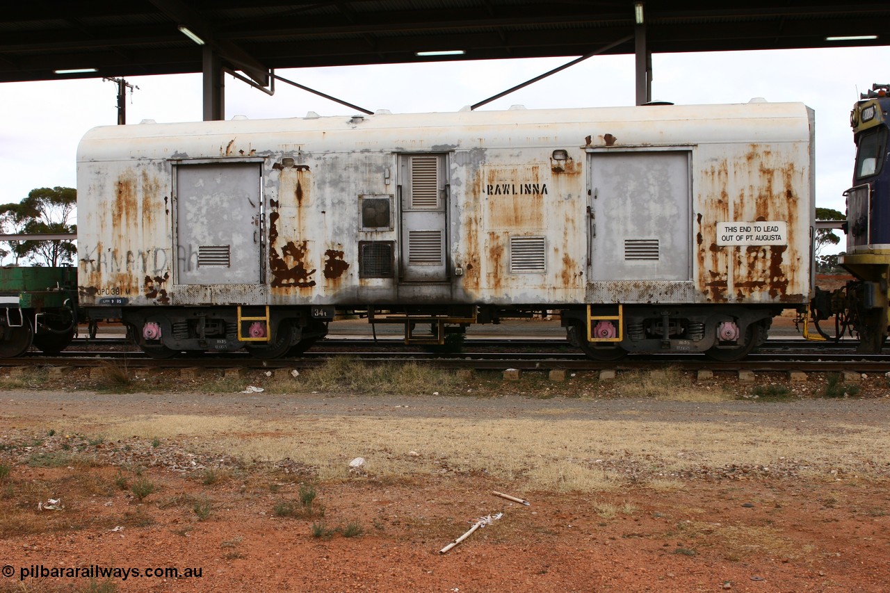 060531 5075
Parkeston, OPC 381, originally built by South Australian Railways Islington Workshops in 1964 as an 8300 type brake van numbered 8365 on broad gauge, to standard gauge and recoded in Sept 1982 to AVAY 381, converted for LCL traffic Peterborough and Broken Hill in June 1987 as ABLP and then in April 1992 modified and recoded to OPC stores van.
Keywords: OPC-type;OPC381;SAR-Islington-WS;8300-type;8365;AVAY-type;ABLP-type