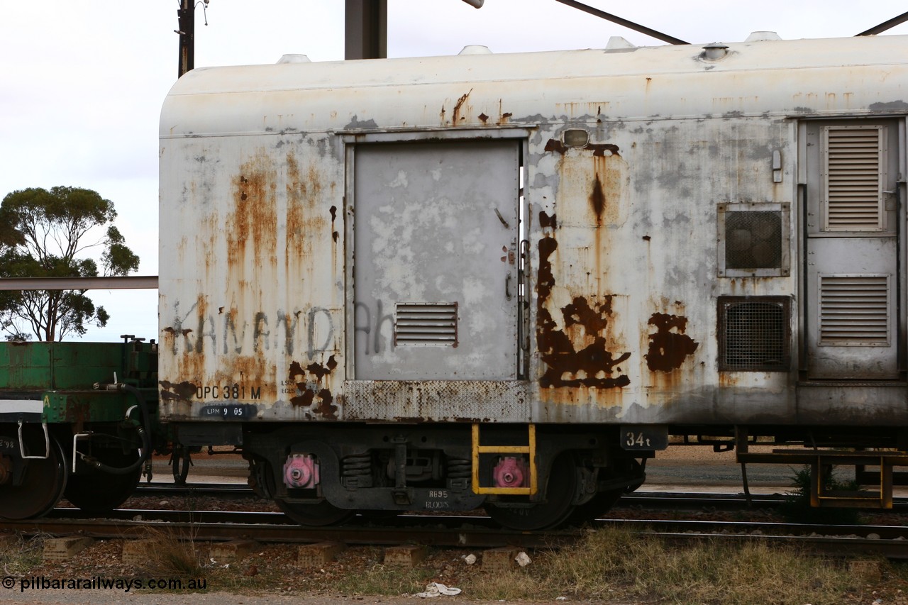 060531 5076
Parkeston, OPC 381, originally built by South Australian Railways Islington Workshops in 1964 as an 8300 type brake van numbered 8365 on broad gauge, to standard gauge and recoded in Sept 1982 to AVAY 381, converted for LCL traffic Peterborough and Broken Hill in June 1987 as ABLP and then in April 1992 modified and recoded to OPC stores van.
Keywords: OPC-type;OPC381;SAR-Islington-WS;8300-type;8365;AVAY-type;ABLP-type