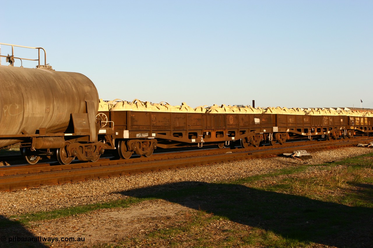 060603 5232
Midland, WGL 635 originally one of ten units built by Westrail Midland Workshops in 1976 as WFN type bogie flat waggon for Western Mining Corporation for nickel matte kibble traffic as WFN 605 and converted to WGL for bagged nickel matte in 1979.
Keywords: WGL-type;WGL635;Westrail-Midland-WS;WFN-type;WFN605;