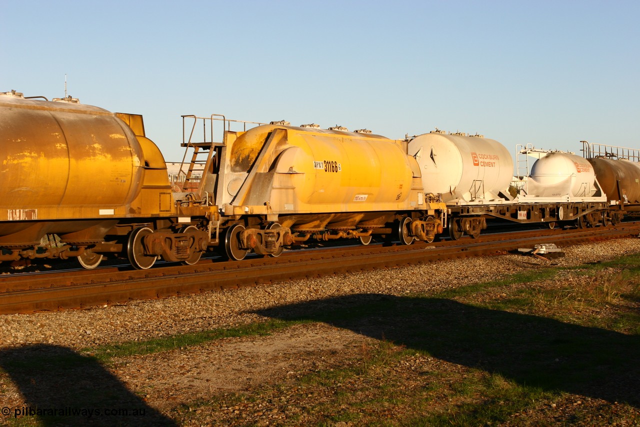 060603 5235
Midland, APNY 31166, one of four built by Westrail Midland Workshops in 1978 as WNA type pneumatic discharge nickel concentrate waggon, WAGR built and owned copies of the AE Goodwin built WN waggons for WMC.
Keywords: APNY-type;APNY31166;Westrail-Midland-WS;WNA-type;