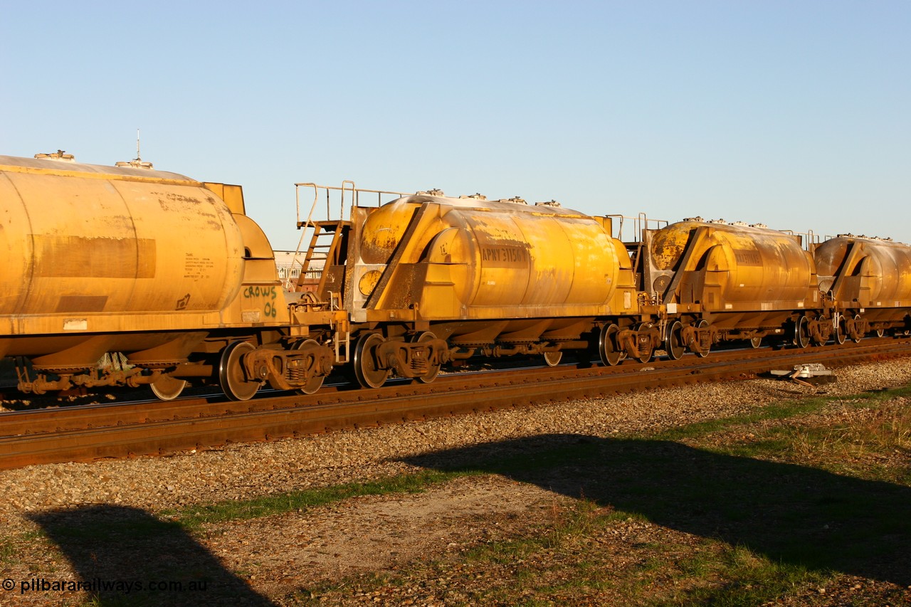 060603 5238
Midland, APNY 31156, one of twelve built by WAGR Midland Workshops in 1974 as WNA class pneumatic discharge nickel concentrate waggon, WAGR built and owned copies of the AE Goodwin built WN waggons for WMC.
Keywords: APNY-type;APNY31156;WAGR-Midland-WS;WNA-type;