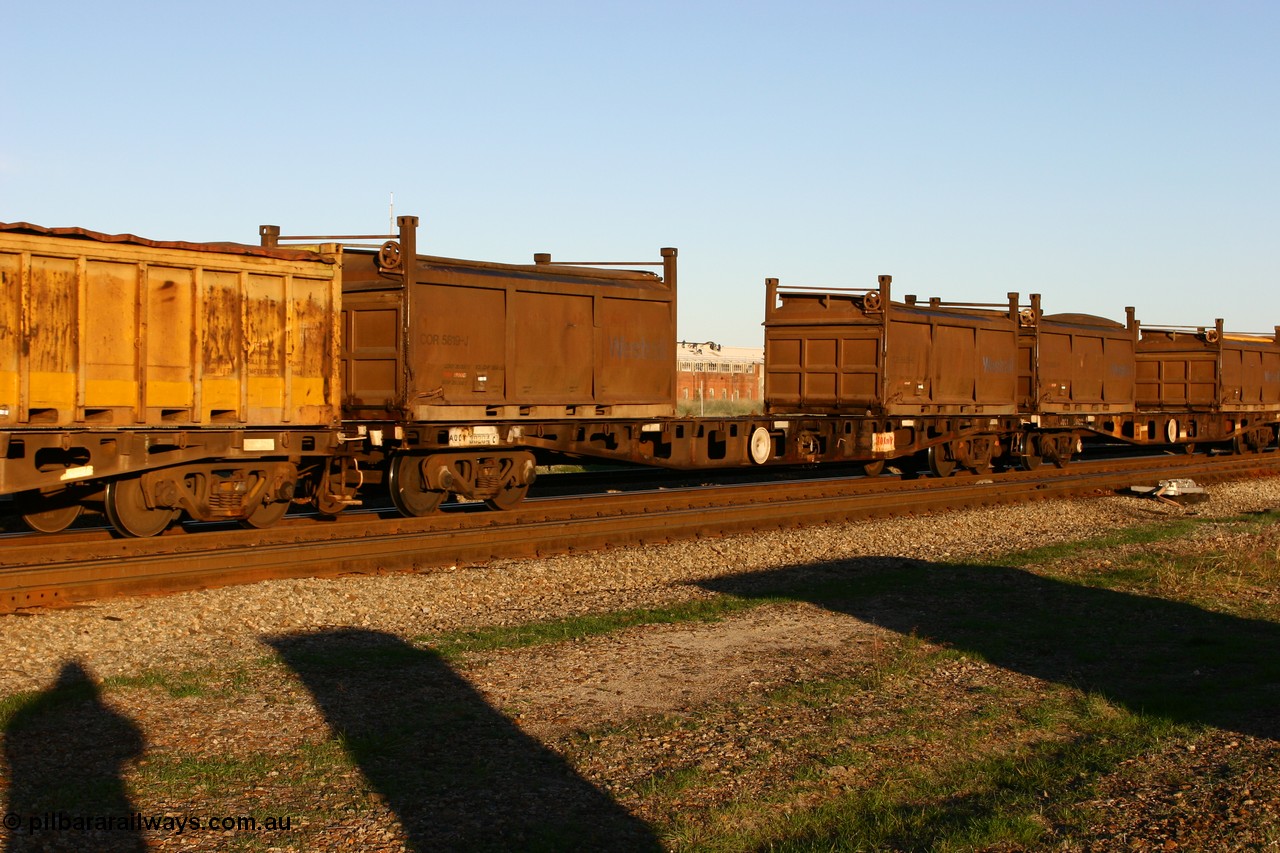 060603 5246
Midland, AQCY 30204 container flat waggon built by WAGR Midland Workshops in 1974 part of a batch of forty five WFX type container flat waggons, in 1980 recoded to WQCX loaded with two Westrail COR type 20' roll top containers COR 5819 and COR 5631.
Keywords: AQCY-type;AQCY30204;WAGR-Midland-WS;WFX-type;WQCX-type;