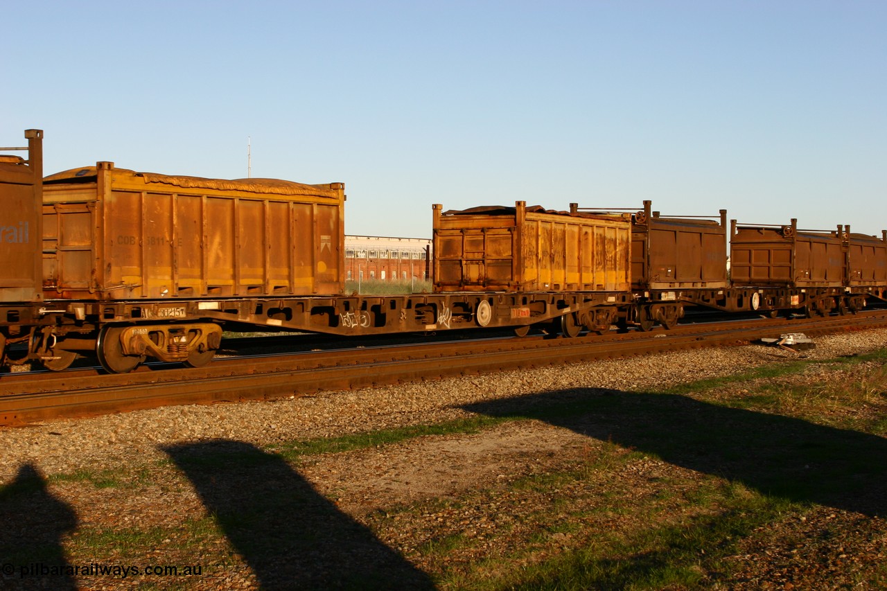 060603 5247
Midland, AQCY 30215 container flat waggon built by WAGR Midland Workshops in 1974 part of a batch of forty five WFX type container flat waggons, in 1980 recoded to WQCX loaded with two Westrail roll top containers COA type 5157 and COB type 5811.
Keywords: AQCY-type;AQCY30215;WAGR-Midland-WS;WFX-type;WQCX-type;