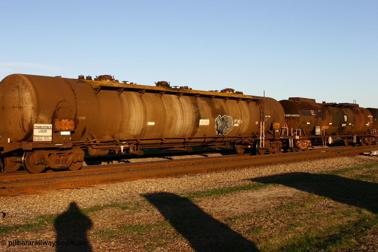 060603 5253 WJKY516U
Midland, WJKY 516 fuel tank waggon built by Tulloch Ltd NSW in 1971 with along with sister 515 for BP Oil as WJK type 93,000 litres three compartment and three domes, recoded to WJKY.
Keywords: WJKY-type;WJKY516;Tulloch-Ltd-NSW;WJK-type;