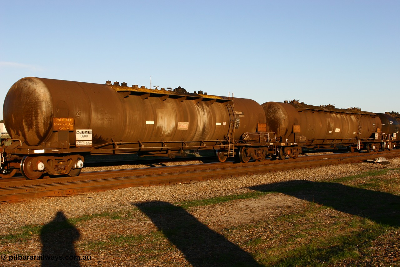 060603 5256 WJPY588R
Midland, WJPY 588 fuel tank waggon, built by Westrail Midland Workshops in 1979 for Mobil as WJP type 80,000 litre single compartment and dome, recoded to WJPY, sold to BP Oil in 1985.
Keywords: WJPY-type;WJPY588;WAGR-Midland-WS;WJP-type;