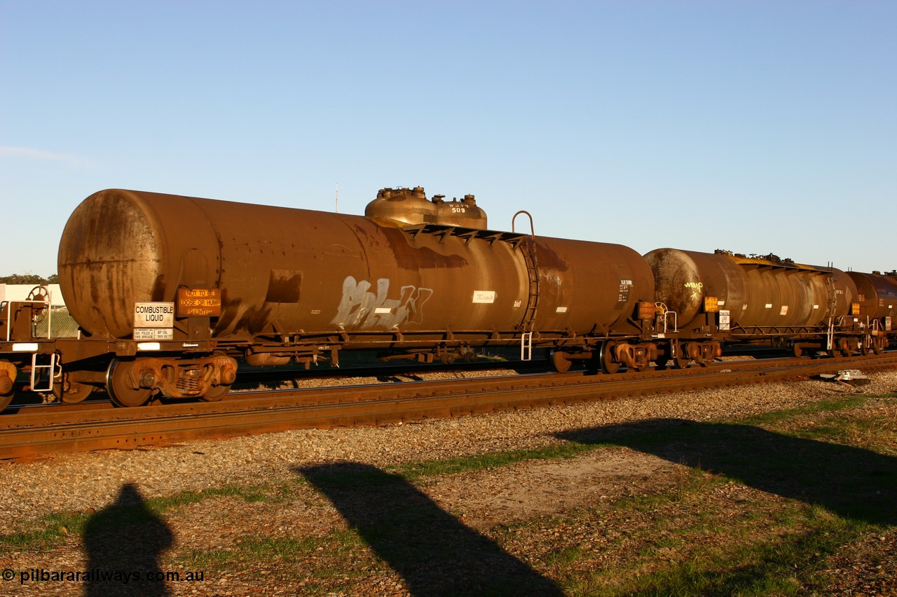 060603 5269 WJFY509B
Midland, WJFY 509 fuel tank waggon built by Tulloch Ltd NSW in 1970 for Mobil WA as a WJF type, 96.24 kilolitres, 1 compartment and 2 domes. Sold to BP Oil in 1985.
Keywords: WJFY-type;WJFY509;Tulloch-Ltd-NSW;WJF-type;