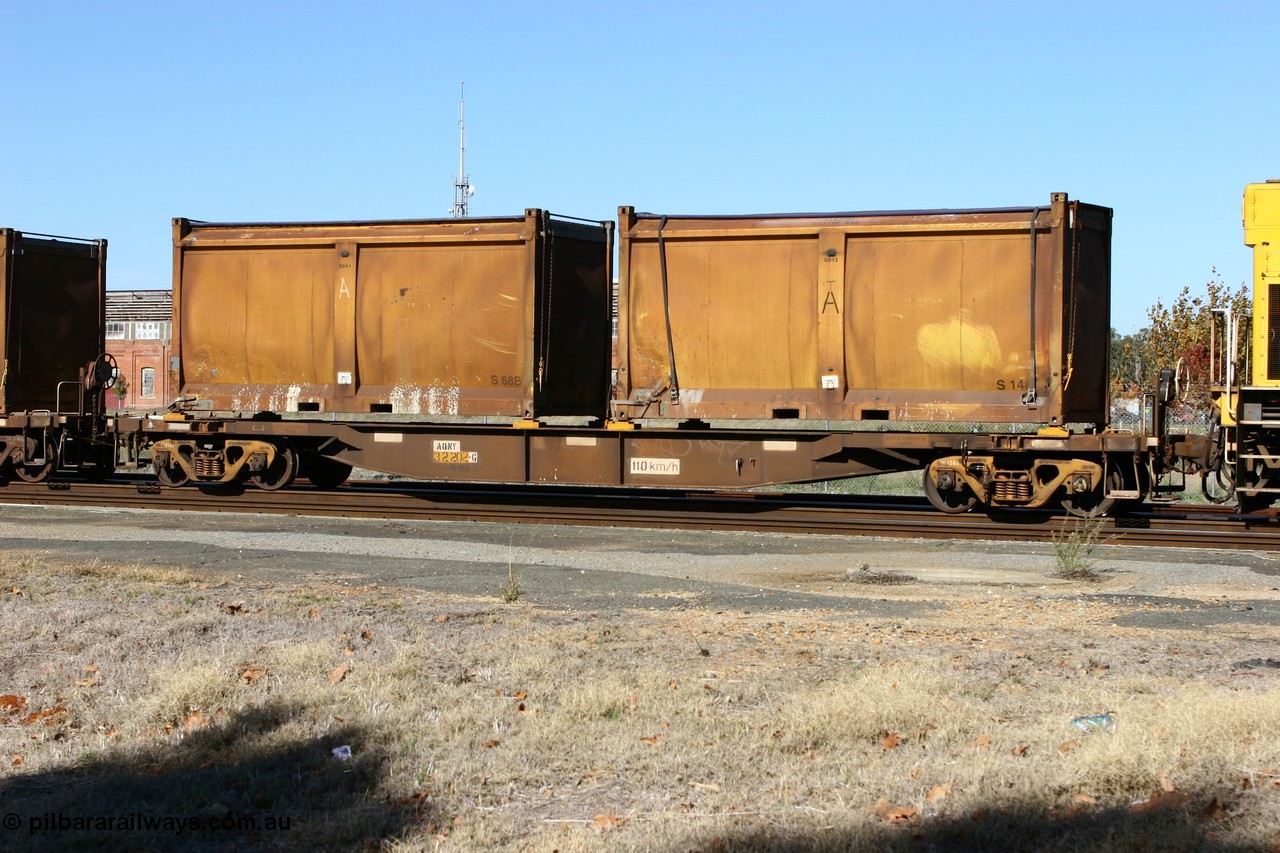 060603 5415
Midland, AQNY 32202 one of sixty two waggons built by Goninan WA in 1998 as WQN type for Murrin Murrin container traffic.
Keywords: AQNY-type;AQNY32202;Goninan-WA;WQN-type;