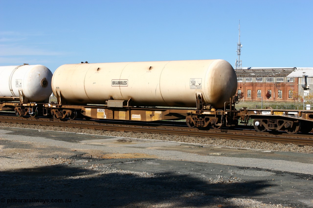 060603 5418
Midland, AZKY type anhydrous ammonia tank waggon AZKY 32237, one of twelve built by Goninan WA in 1998 as class WQK for Murrin Murrin traffic, fitted with Brambles anhydrous ammonia tank A5A.
Keywords: AZKY-type;AZKY32237;Goninan-WA;WQK-type;