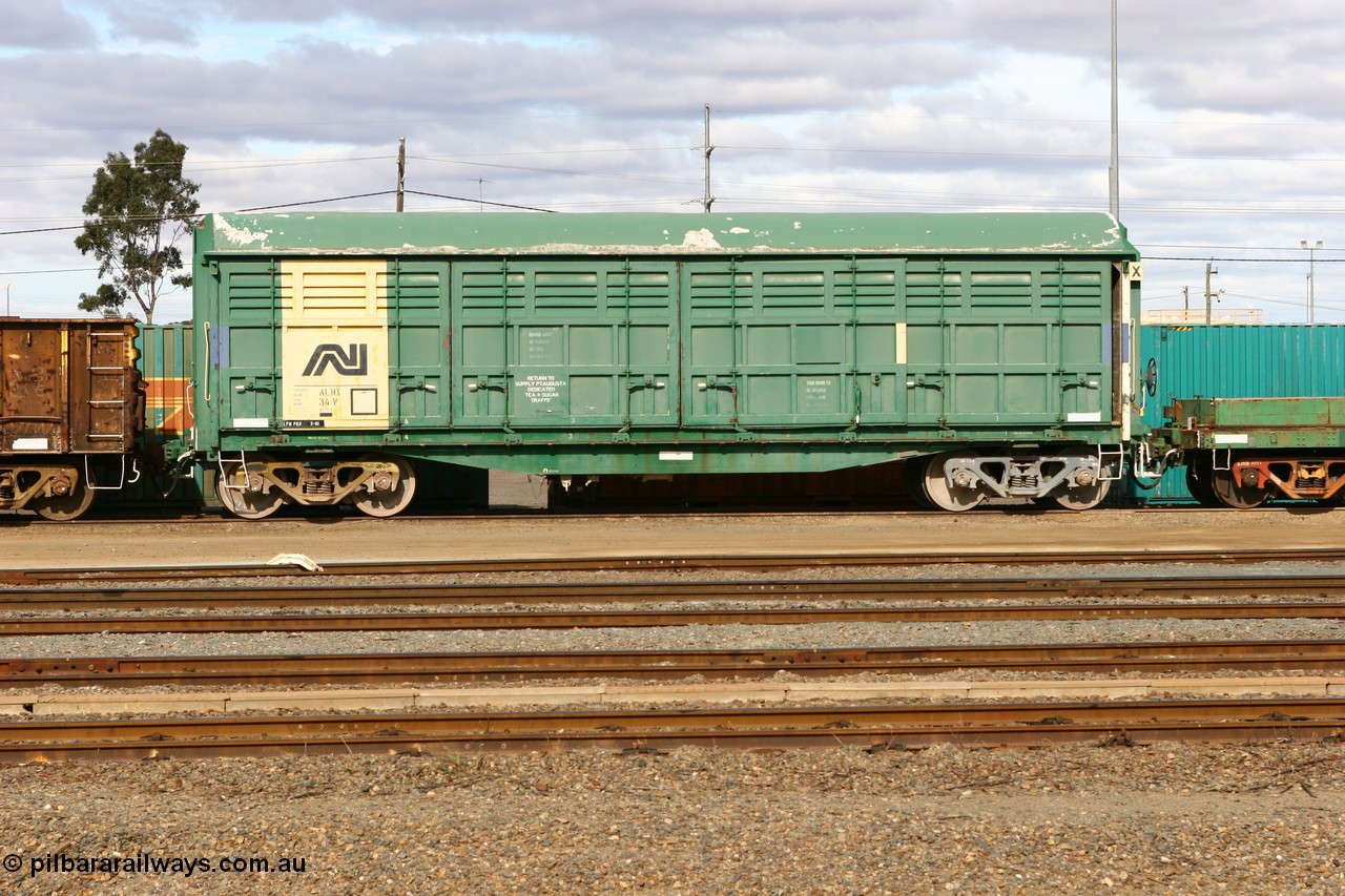 070527 9218
West Kalgoorlie, ALHX 34 louvre van waggon originally built by South Australian Railways Islington Workshops in 1973-74 as a batch of thirty five SLX type louvre vans, recoded to ALHX.
Keywords: ALHX-type;ALHX34;SAR-Islington-WS;SLX-type;