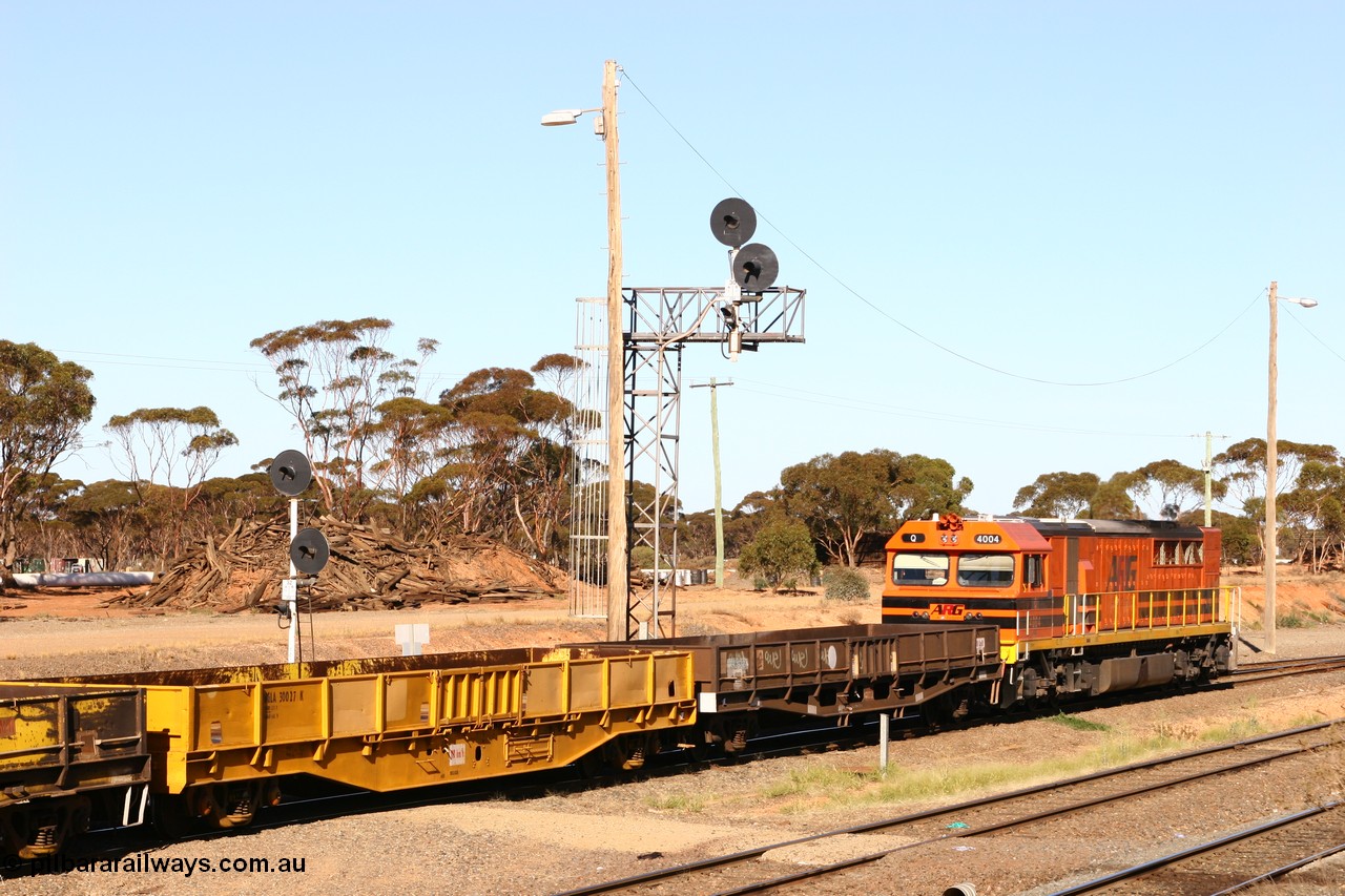 070529 9329
West Kalgoorlie, WGLA 30027 originally built by WAGR Midland Workshops in 1965 as WF type bogie flat waggon, to WFW in 1974, then converted to bagged nickel matte traffic WGLA type in 1984 and WGL 632 originally one of three units built by Westrail Midland Workshops in 1976-7 as WGL type bogie flat waggon for Western Mining Corporation for bagged nickel matte traffic.
Keywords: WGLA-type;WGLA30027;WAGR-Midland-WS;WF-type;WFW-type;WFDY-type;