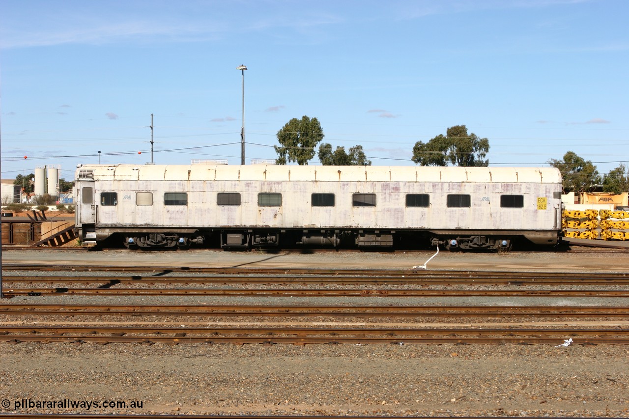 070529 9395
West Kalgoorlie, ECA 162 built by Comeng NSW in 1964 for Commonwealth Railways as a BRE type second class, air conditioned, twin berth staggered corridor steel sleeping car. Converted to ECA type crew car in 1991.
Keywords: ECA-type;ECA162;Comeng-NSW;BRE-type;BRE162;