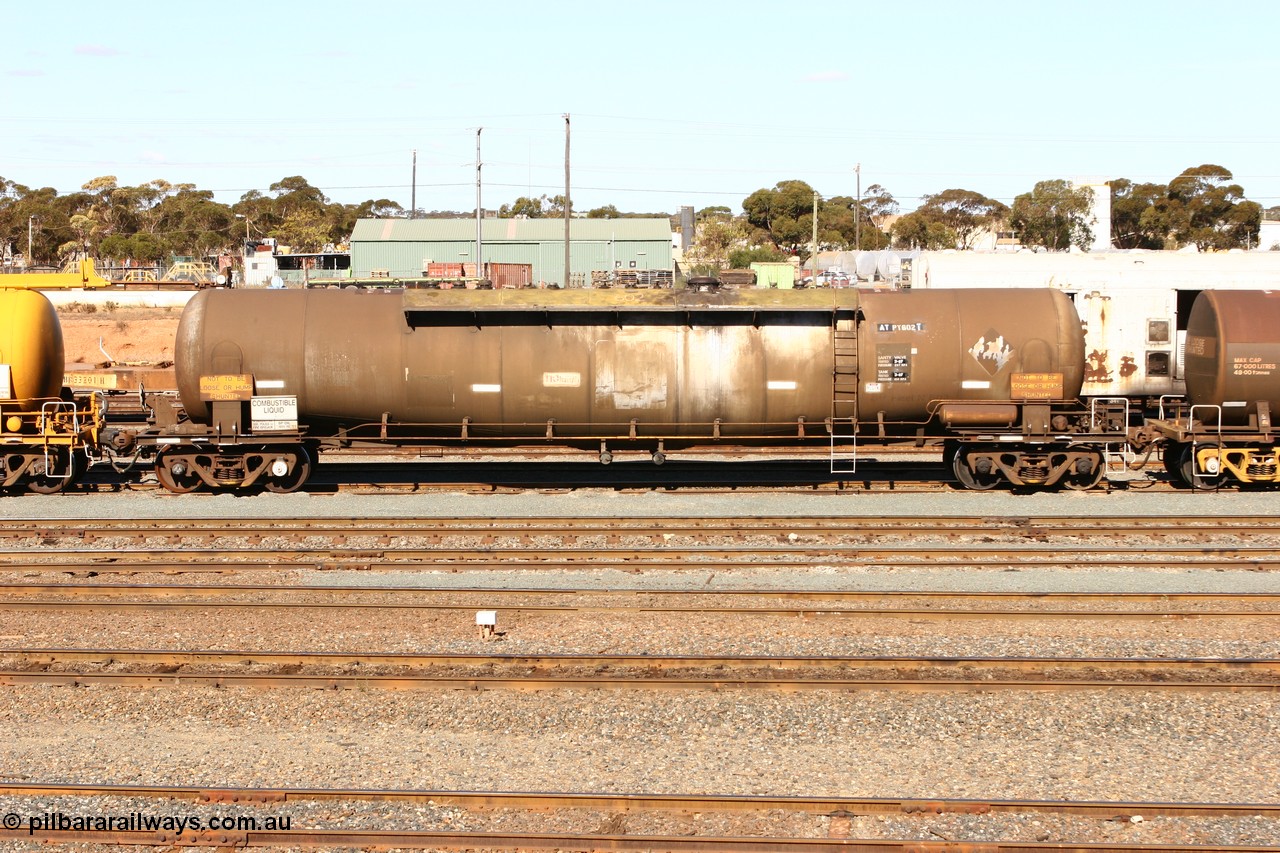 070529 9414
West Kalgoorlie, ATPY 602, fuel tanker, built by WAGR Midland Workshops in 1976 as WJP class for BP Oil, capacity of 80500 litres.
Keywords: APTY-type;ATPY602;Westrail-Midland-WS;WJP-type;WJPY-type;