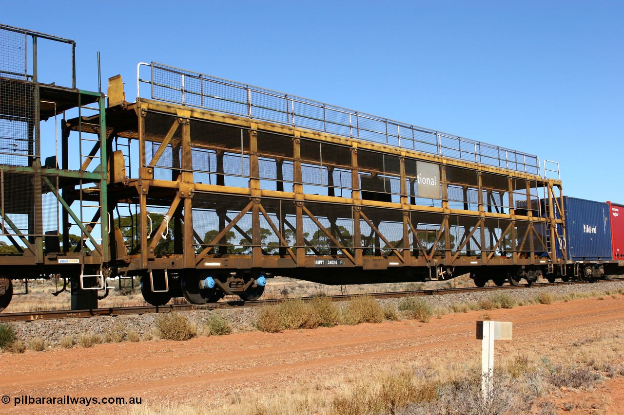 070530 9526
Parkeston, RMWY 34024 triple deck car carrying waggon, built by Comeng NSW in 1975 within the third batch of ten WMX type double deck car carrying waggons, re-coded to WMFX in 1979, converted to triple deck WMGF in 1989 then under National Rail leasing they became RMWY type.
Keywords: RMWY-type;RMWY34024;WAGR-Midland-WS;WMX-type;WMFX-type;WMGF-type;