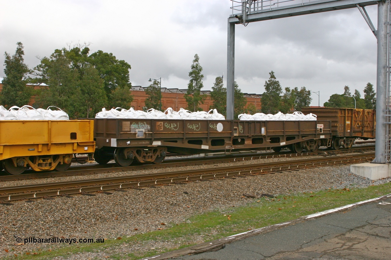 070608 0082
Midland, WGL 632 originally one of three units built by Westrail Midland Workshops in 1976-7 as WGL type bogie flat waggon for Western Mining Corporation for bagged nickel matte traffic.
Keywords: WGL-type;WGL632;Westrail-Midland-WS;