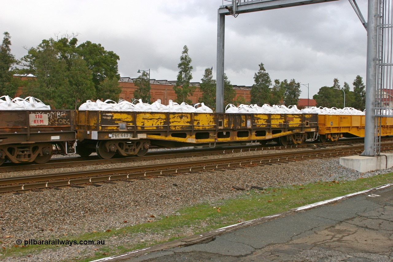 070608 0084
Midland, WGL 643 originally one of ten units built by Westrail Midland Workshops in 1975-76 as WFN type bogie flat waggon for Western Mining Corporation for nickel matte kibble traffic as WFN 607 and converted to WGL for bagged nickel matte in 1984.
Keywords: WGL-type;WGL643;Westrail-Midland-WS;WFN-type;WFN607;