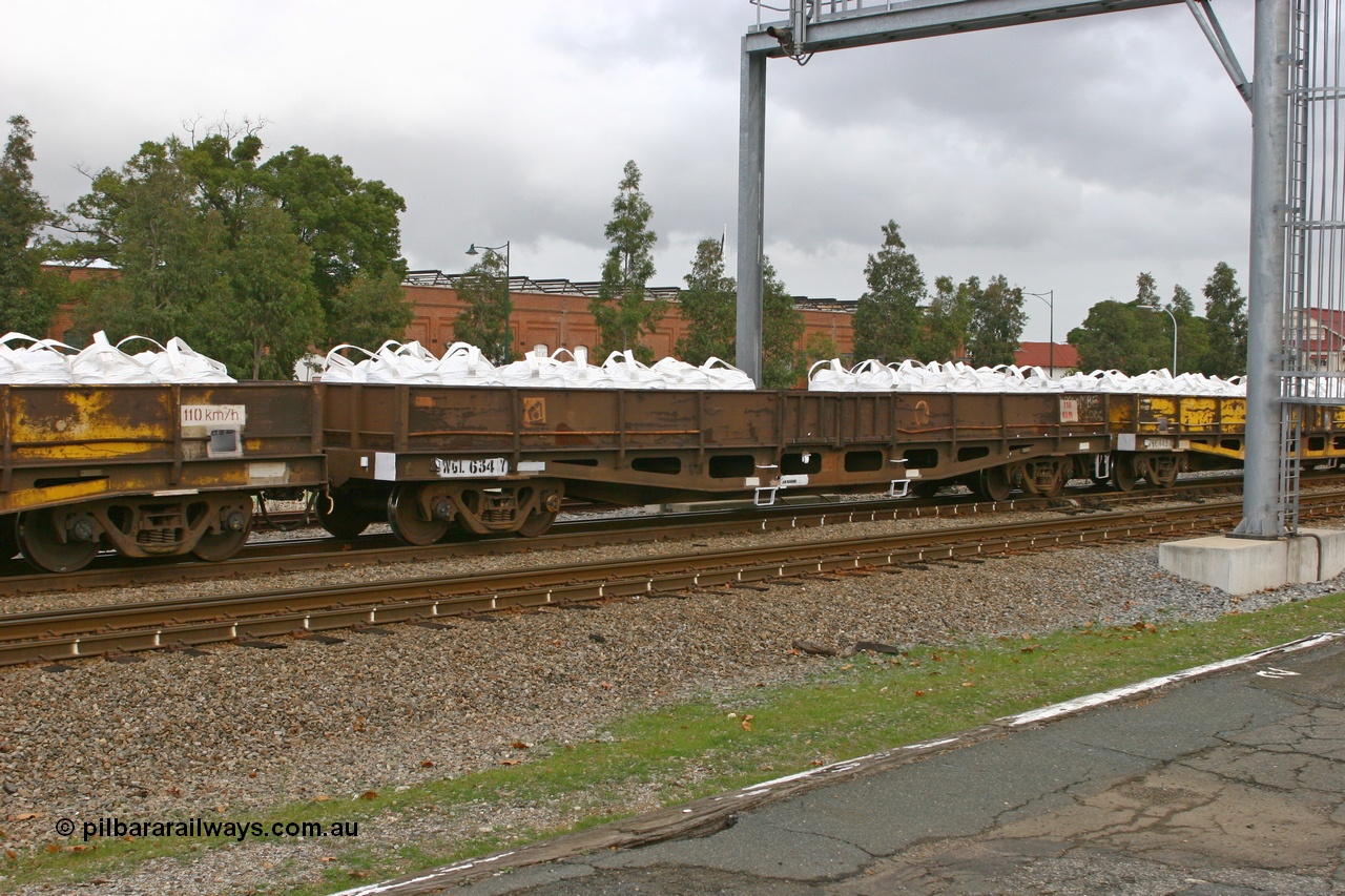 070608 0085
Midland, WGL 634 originally one of ten units built by Westrail Midland Workshops in 1975-76 as WFN type bogie flat waggon for Western Mining Corporation for nickel matte kibble traffic as WFN 604 and converted to WGL for bagged nickel matte in 1979.
Keywords: WGL-type;WGL634;Westrail-Midland-WS;WFN-type;WFN604;