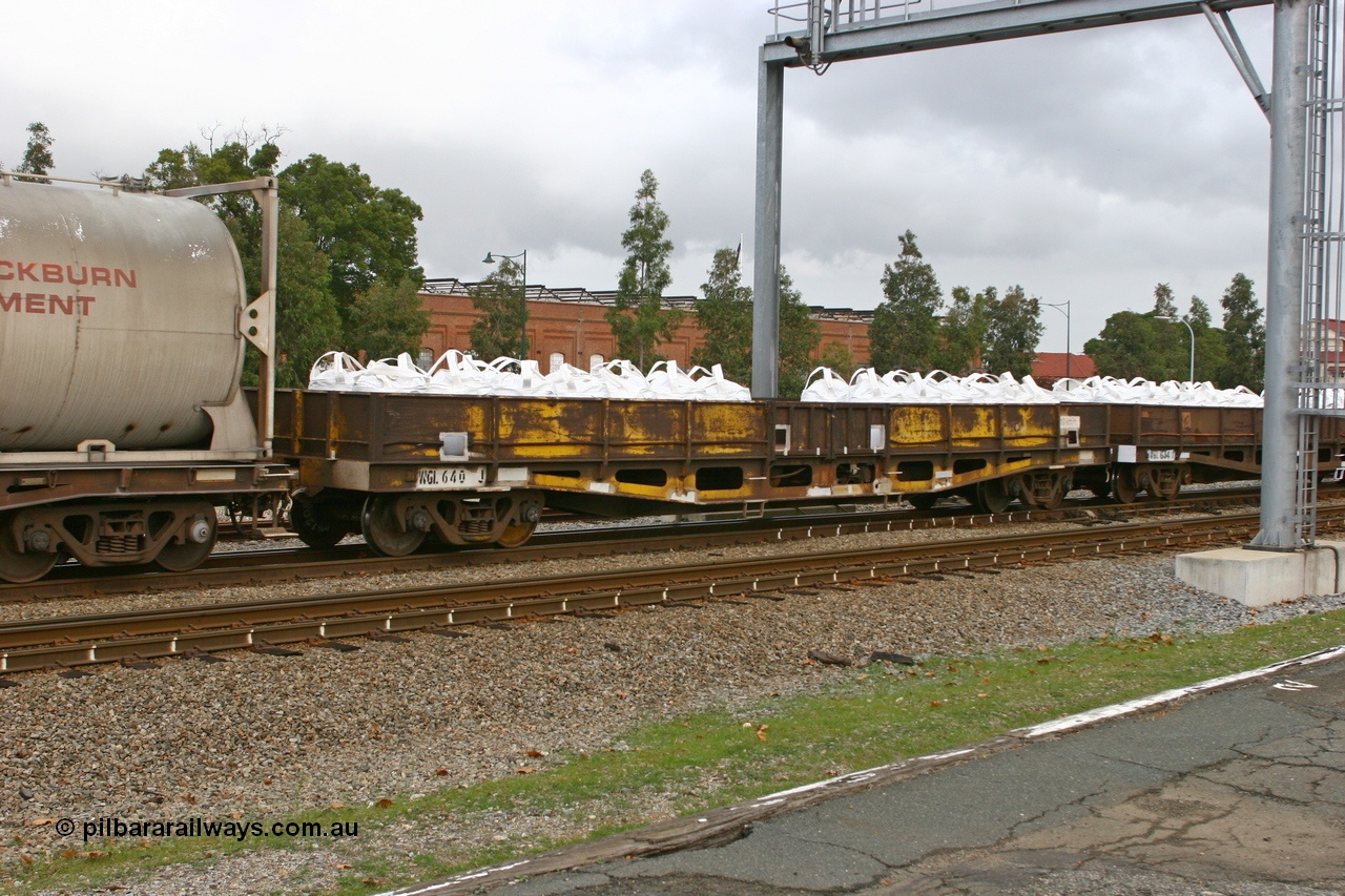 070608 0086
Midland, WGL 640 originally one of ten units built by Westrail Midland Workshops in 1975-76 as WFN type bogie flat waggon for Western Mining Corporation for nickel matte kibble traffic as WFN 609 and converted to WGL for bagged nickel matte in 1984.
Keywords: WGL-type;WGL640;Westrail-Midland-WS;WFN-type;WFN609;