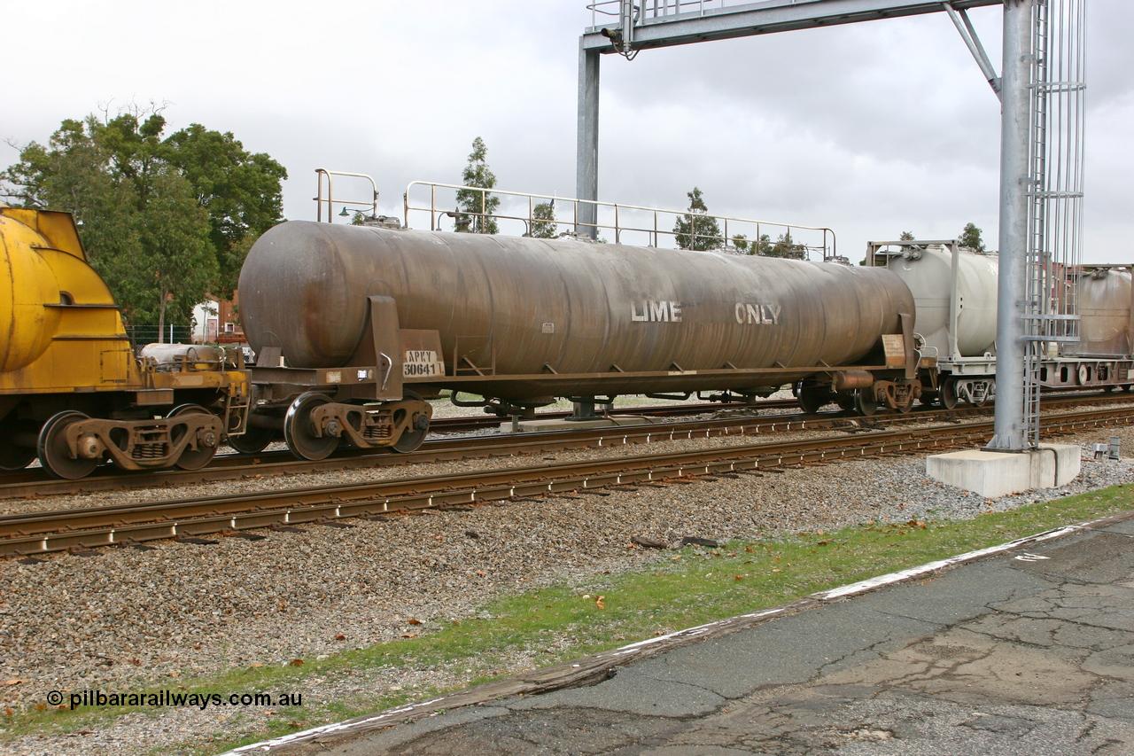 070608 0088
Midland, APKY 30641, type leader of two built by WAGR Midland Workshops in 1970 as WK type pneumatic discharge bulk cement waggon, seen here in Cockburn Cement traffic.
Keywords: APKY-type;APKY30641;WAGR-Midland-WS;WK-type;