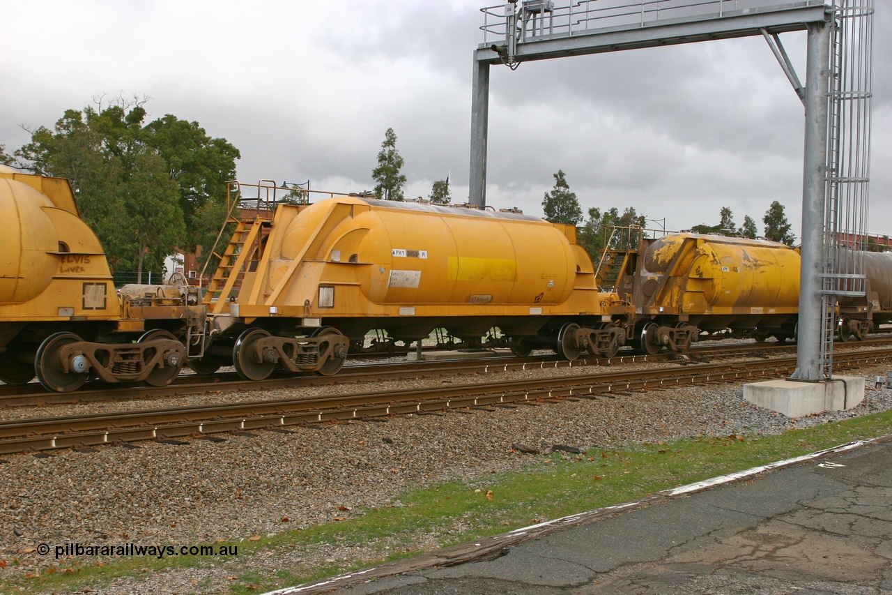 070608 0090
Midland, APNY 31153, one of twelve built by WAGR Midland Workshops in 1974 as WNA type pneumatic discharge nickel concentrate waggon, WAGR built and owned copies of the AE Goodwin built WN waggons for WMC.
Keywords: APNY-type;APNY31153;Westrail-Midland-WS;WNA-type;