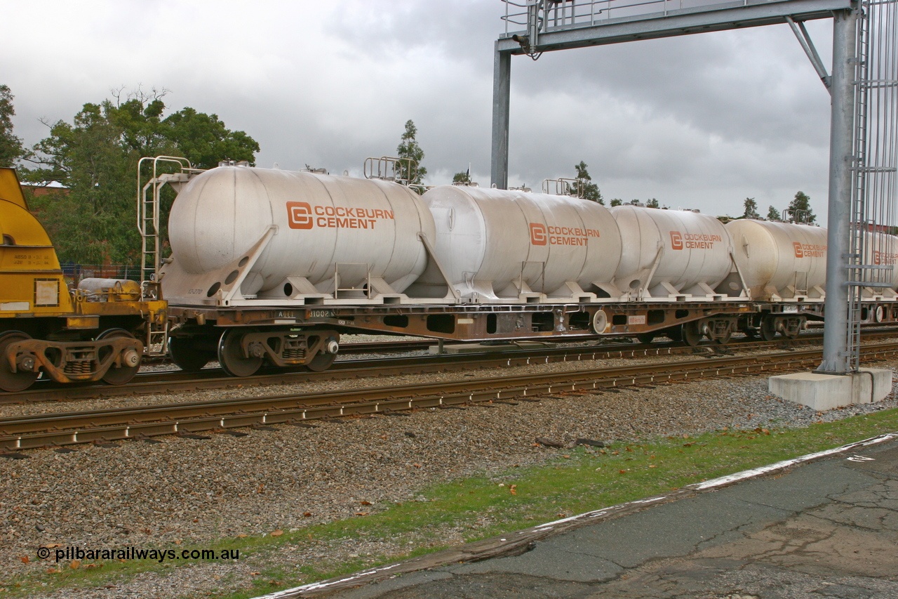 070608 0094
Midland, AQCY 31002, one of eighteen WFA type container waggons built by Westrail Midland Workshops in 1981, recoded to WQCY in 1987, carrying two different types of Cockburn Cement pressurised cement - lime tanktainers.
Keywords: AQCY-type;AQCY31002;Westrail-Midland-WS;WFA-type;WQCY;RHQY-type;