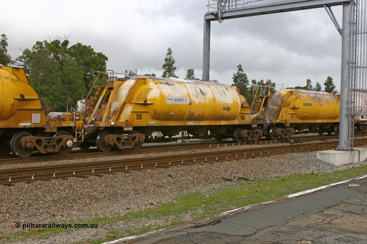 070608 0096
Midland, APNY 31167, one of two built by Westrail Midland Workshops in 1979 as WNA type pneumatic discharge nickel concentrate waggon, WAGR built and owned copies of the AE Goodwin built WN waggons for WMC.
Keywords: APNY-type;APNY31167;Westrail-Midland-WS;WNA-type;