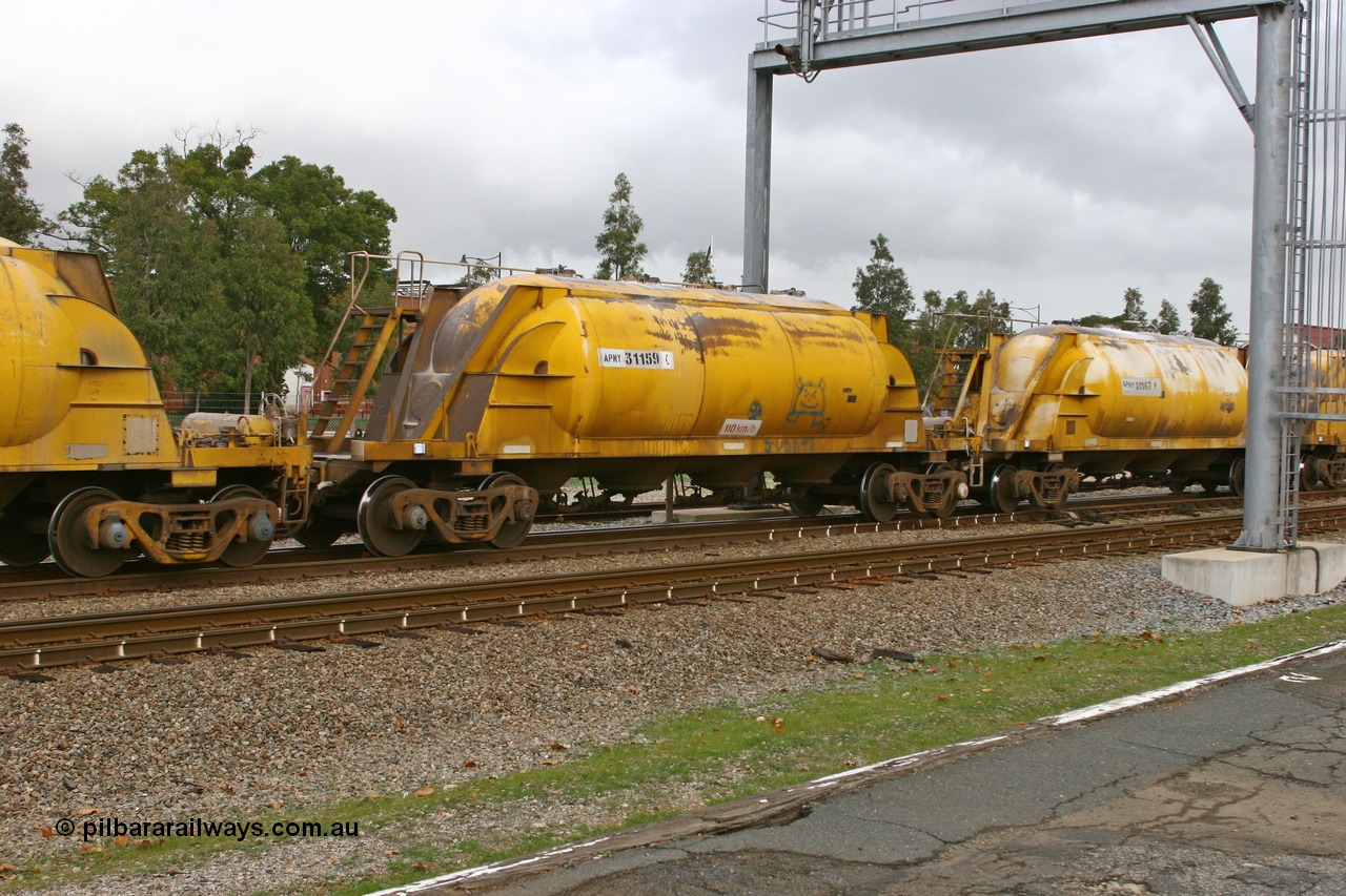 070608 0097
Midland, APNY 31159, one of twelve built by WAGR Midland Workshops in 1974 as WNA type pneumatic discharge nickel concentrate waggon, WAGR built and owned copies of the AE Goodwin built WN waggons for WMC.
Keywords: APNY-type;APNY31159;WAGR-Midland-WS;WNA-type;