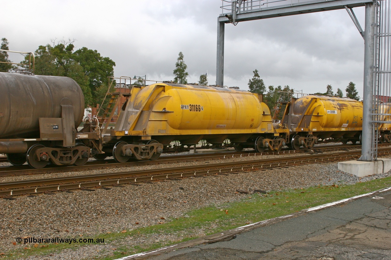 070608 0098
Midland, APNY 31166, one of four built by Westrail Midland Workshops in 1978 as WNA type pneumatic discharge nickel concentrate waggon, WAGR built and owned copies of the AE Goodwin built WN waggons for WMC.
Keywords: APNY-type;APNY31166;Westrail-Midland-WS;WNA-type;