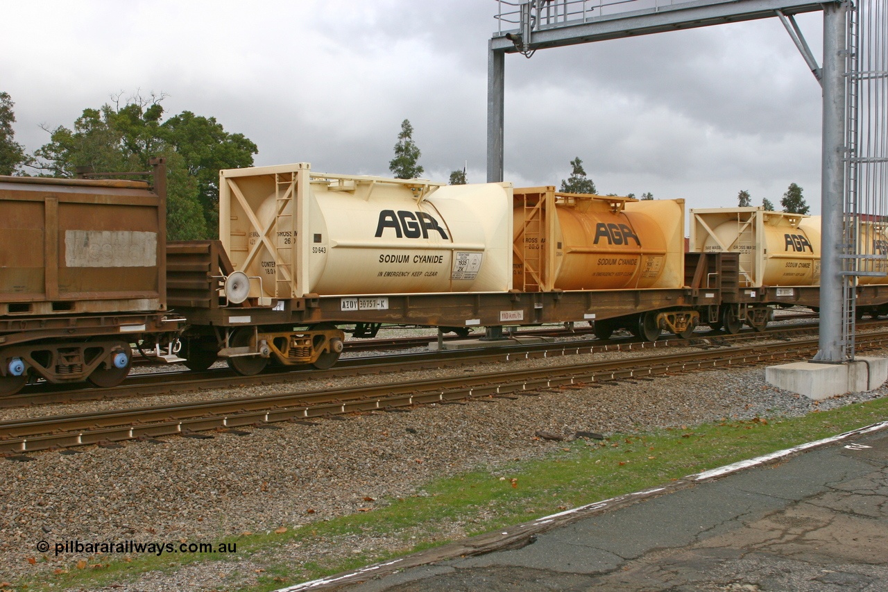 070608 0102
Midland, AZDY 30757, one of about fourteen WBAX vans converted to AZDY type sodium cyanide container waggon, originally built by WAGR Midland Workshops as one of seventy five WV/X type covered vans in 1967-68, converted late 1988/9 to WQDF.
Keywords: AZDY-type;AZDY30757;WAGR-Midland-WS;WVX-type;VWV-type;WBAX-type;WQDF-type;WQDY-type;