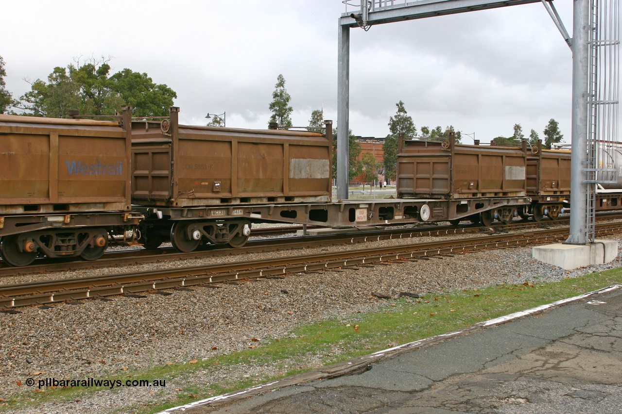 070608 0104
Midland, AQCY 31041, built by Centrecon Ltd WA in 1981 in a batch of thirty five WFA type container waggons, another eighteen were also built by Westrail. Converted in 1987 to WFAP for motor vehicles, then back at some time, loaded with two Westrail 20' COR roll top type containers COR 5853 and COR 5548.
Keywords: AQCY-type;AQCY31041;Centrecon-Ltd-WA;WFA-type;WFAP-type;WQCY-type;