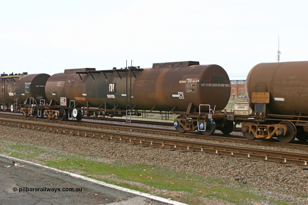 070608 0109
Midland, ATDY 4618 fuel tank waggon, ex NSW and former NTAF in service carting petrol for BP Oil, former AMPOL tank, coded WTDY when arrived in WA.
Keywords: ATDY-type;ATDY4618;NTAF-type;WTDY-type;