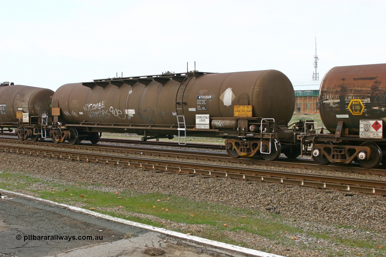 070608 0112
Midland, ATPY 594 fuel tank waggon built by WAGR Midland Workshops in 1976 as one of four WJP type for AMPOL, capacity of 80500 litres, here in Caltex service.
Keywords: ATPY-type;ATPY594;WAGR-Midland-WS;WJP-type;