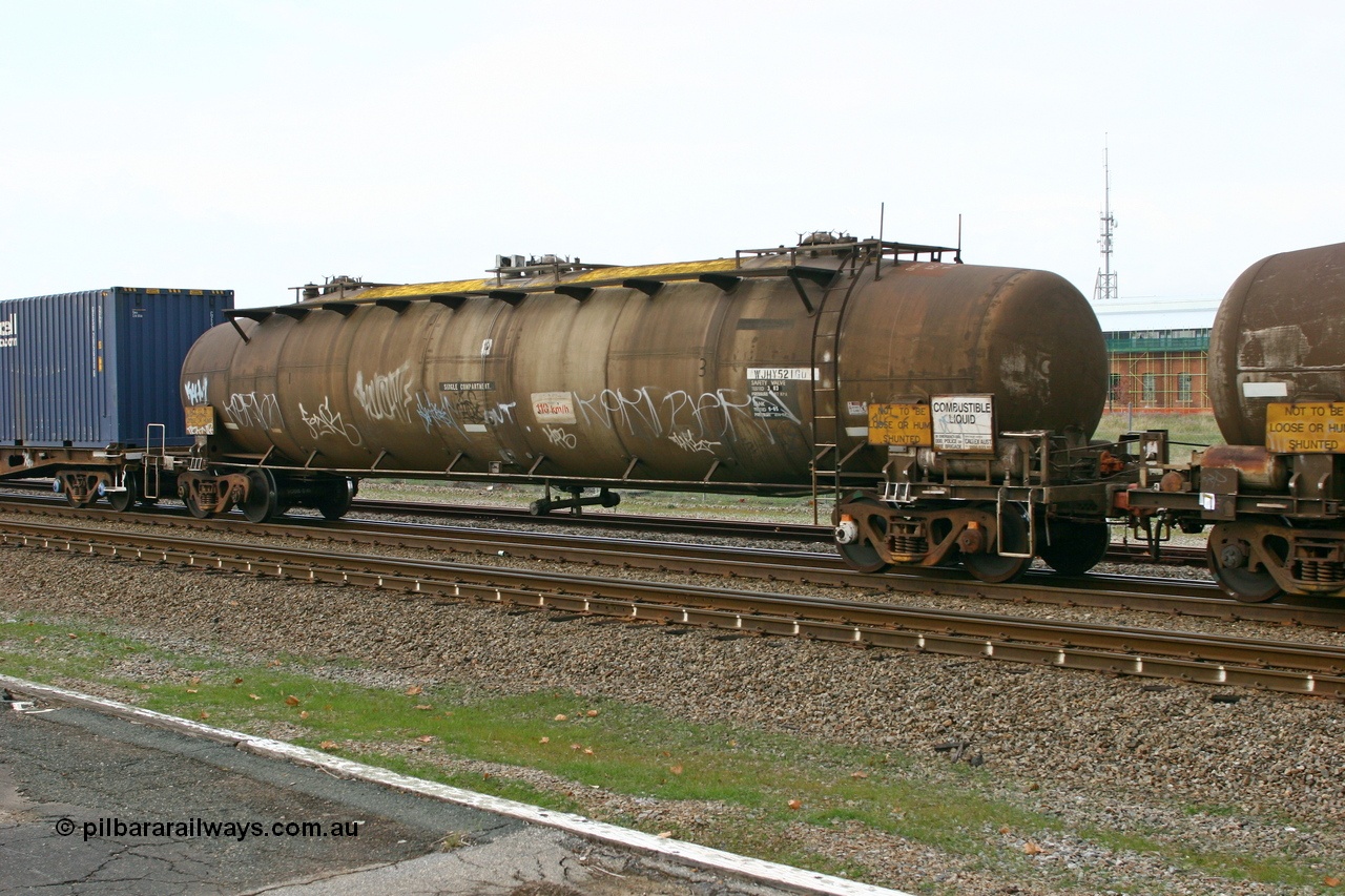 070608 0114
Midland, WJHY 521, leader of two WJH type fuel tank waggons built by Comeng NSW in 1971 for Caltex with a 90,000 litre capacity three compartment and three domes, now a single compartment unit and still with Caltex.
Keywords: WJHY-type;WJHY521;Comeng-WA;WJH-type;