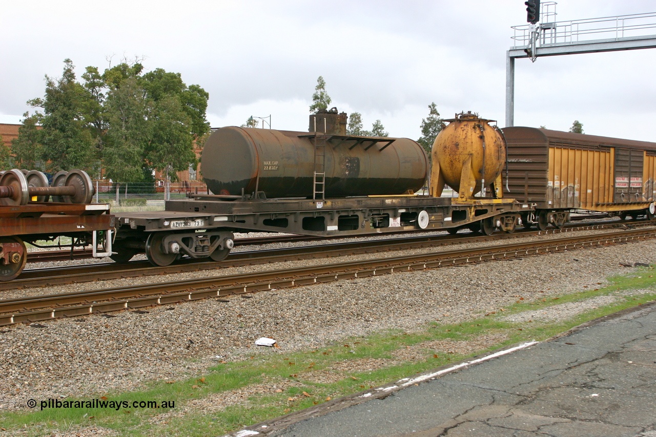 070608 0118
Midland, AZWY 30373 'Sputnik' loco oil and sand waggon, originally built as an WFX type flat waggon by Tomlinson Steel in a batch of one hundred and sixty one in 1969-70. Recoded to WQCX type in 1980 and to WSP type waste oil and sand waggon in 1986.
Keywords: AZWY-type;AZWY30373;Tomlinson-Steel-WA;WFX-type;WQCX-type;WSP-type;