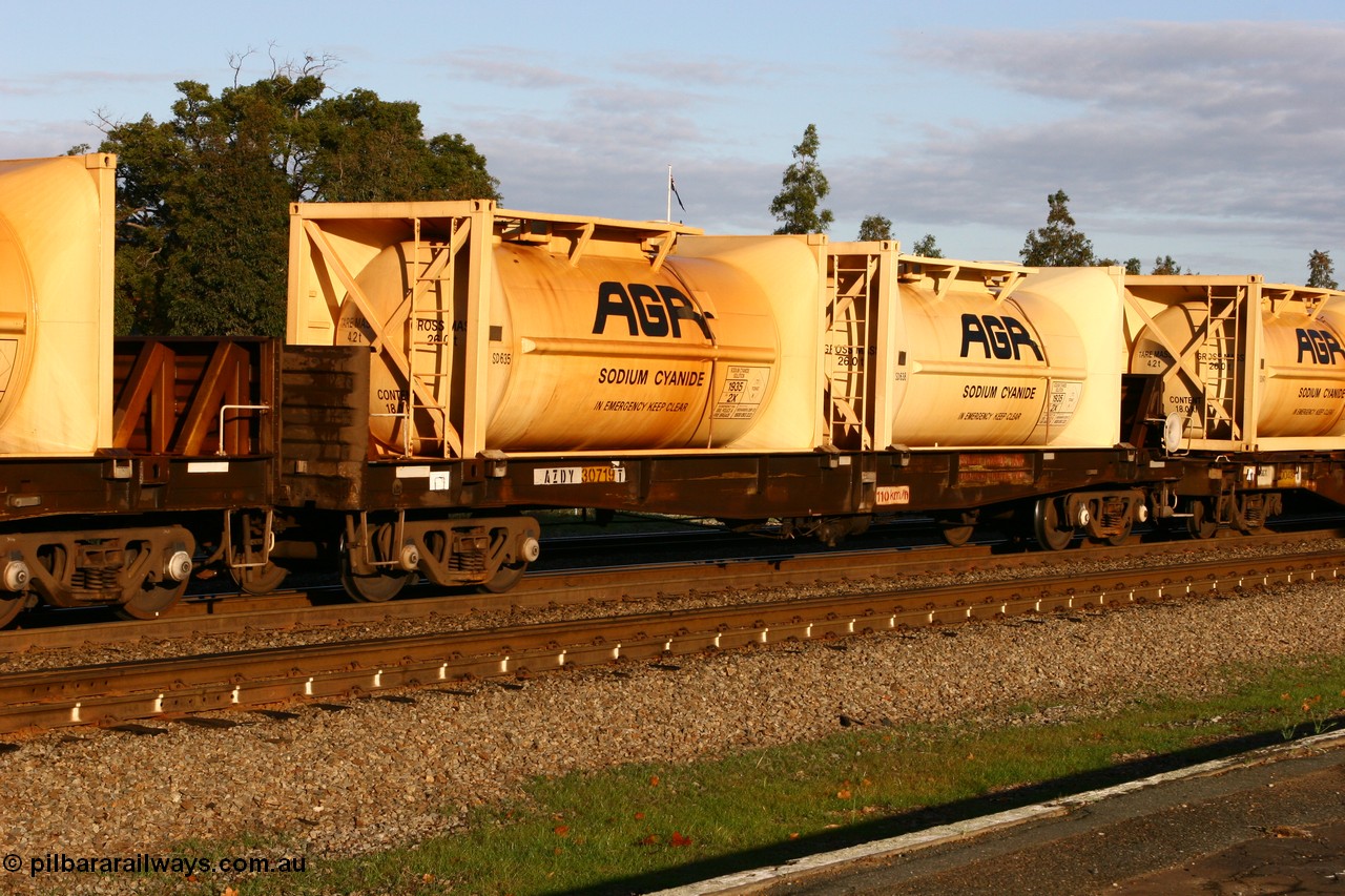 070609 0186
Midland, AZDY 30719, one of about fourteen WBAX vans converted to AZDY type sodium cyanide container waggon, originally built by WAGR Midland Workshops as one of seventy five WV/X type covered vans in 1967-68, converted late 1988/9 to WQDF.
Keywords: AZDY-type;AZDY30719;WAGR-Midland-WS;WVX-type;VWV-type;WBAX-type;WQDY-type;