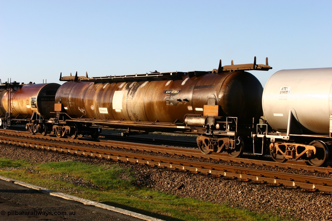 070609 0193
Midland, ATAY 14586 fuel tank waggon, one of a batch of eight built by Westrail Midland Workshops in 1976 as JPA type tank waggon for furnace oil, converted to standard gauge and recoded WJPA in 1985, 82,000 litre capacity.
Keywords: ATAY-type;ATAY14586;Westrail-Midland-WS;JPA-type;WJPA-type;